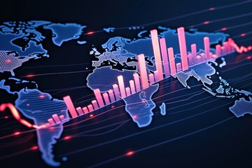 Global financial data visualization with falling bar chart and world map.
