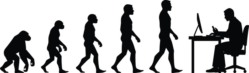 Human evolution silhouette, from ape to man, computer user at desk, progress concept, biological development, history, black vector illustration, technology lifestyle