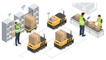 Illustration of warehouse workers managing inventory with automated guided vehicles and shelving units in a modern logistics setting.