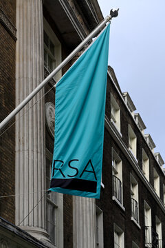 LONDON, UK - NOVEMBER 18, 2025:  Banner flag outside The Royal Society Arts, Manufactures Commerce building in John Adam Street, Westminster