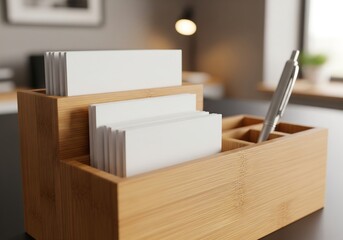 Wooden business card holder with pen on a desk, perfect for office organization and professional presentation