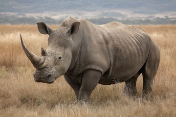 Fototapeta premium Southern white rhino in natural habitat at Pejeta Conservancy enjoying the lush grassland during a serene afternoon