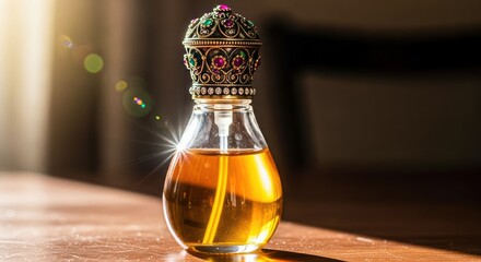 Ornate perfume bottle with amber liquid and jeweled cap on a wooden surface