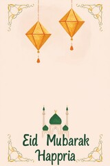 Festive eid mubarak greeting with lanterns and mosque illustration