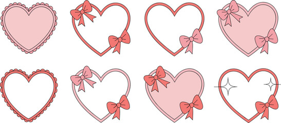 Decorative heart icon set, stylized love symbols, pink and red bow designs, sparkly romantic illustration, cute graphic elements