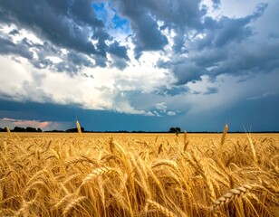 Lush golden wheat field under dramatic, stormy sky with sunlight peeking through