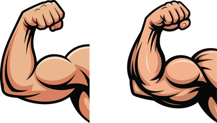Flexing arm icon, cartoon muscle illustration, strong bicep pose, fitness strength symbol, exaggerated power design element