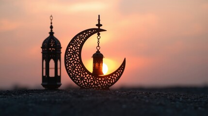 Ramadan lanterns and crescent moon silhouette at sunset