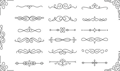 Ornamental flourish icon set, decorative line art elements, vintage corner embellishments, elegant symmetrical design, formal graphic illustration