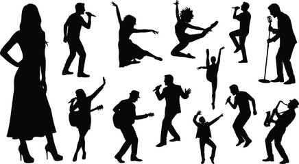 Performing arts silhouette icon set, expressive dancer and musician poses, black figure illustration, artistic entertainment design