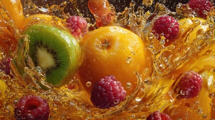 Assorted fruits splashing in juice against a vibrant yellow orange backdrop