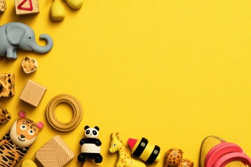 Colorful collection of kids toys arranged on a bright yellow background displaying animals and blocks for playful learning activities