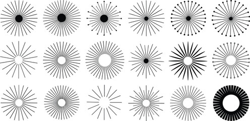 Radial burst icon set, circular starburst patterns, abstract symmetry design, black line illustration, geometric graphic elements