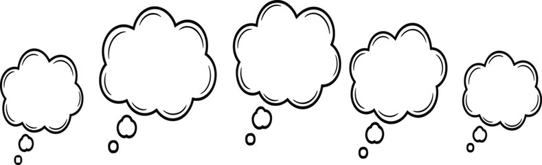 Thought bubble icon set, black silhouette cloud shapes, empty idea symbols, creative thinking design elements, concept illustration