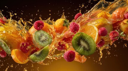 Assorted fruits splashing in juice against a vibrant yellow orange backdrop