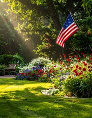 Lush garden with vibrant flowers, an American flag, and sun rays piercing through trees