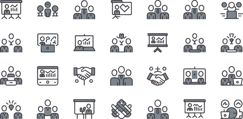 Fototapeta premium Business Teamwork & Meeting Icons – Collaboration, Presentation, Office Communication & Training Line Icon Set.