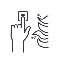 Isolated outline pictogram of a fire call station with a hand pressing the emergency button and flames indicating fire alert activation.