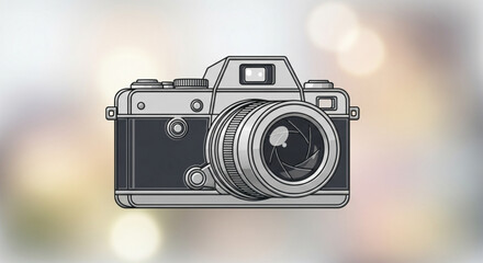 Vintage film camera illustration with a detailed lens, perfect for photography and nostalgia themes on a soft bokeh background