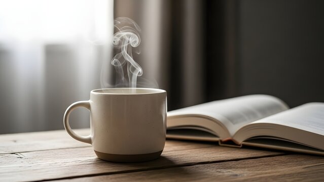 Cup of hot coffee with book on wooden table