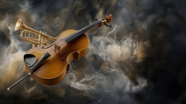 Hobby music concept visualized through expressive color fields mixing instrument silhouettes and textured strokes producing bright dynamic artwork with strong tonal contrasts