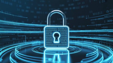 A digital padlock surrounded by binary code represents cybersecurity and data protection in a futuristic environment.