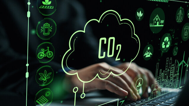 A modern representation of green energy solutions featuring digital graphics of carbon dioxide emissions and various environmental icons for sustainable approaches. Cipher - Powered by Adobe