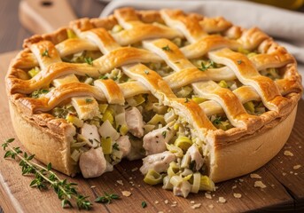 Golden baked chicken and leek pie with lattice crust on rustic wooden board
