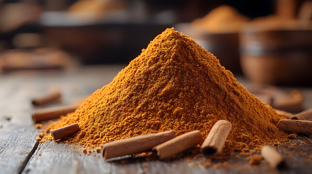 Vibrant mound of ground spices with cinnamon sticks on a rustic wooden surface - Powered by Adobe