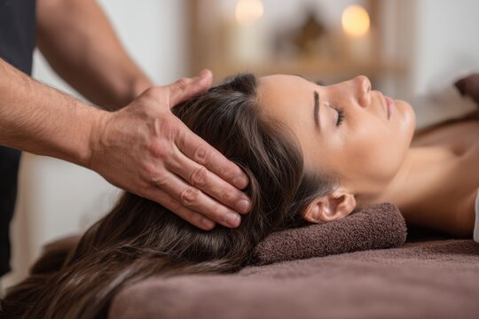 Professional masseur provides a soothing head and hair massage for a woman in a calming spa environment during a relaxing evening session