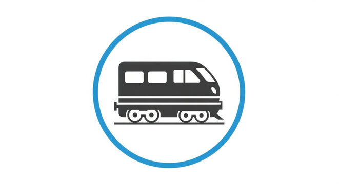 Simple black and white icon representing a modern train or subway car inside a blue circle, for transport concept design
