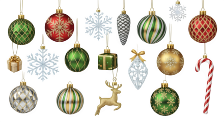 Festive christmas ornaments and decorations hanging against a black background
