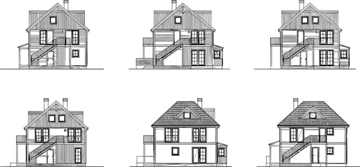 Set of architectural house elevations, black and white line drawing, technical blueprint sketch of residential building, vector illustration design