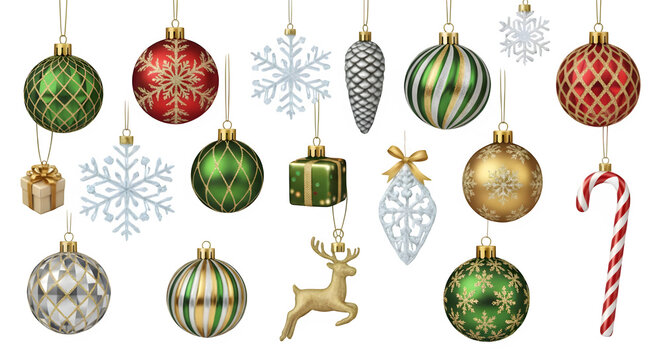 Festive christmas ornaments and decorations hanging against a black background