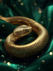 Golden Snake on Emerald Fabric with Shimmering Light