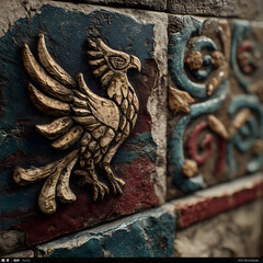 Detailed close-up of ornate decorative wall relief featuring a sculpted golden bird with textured wings on weathered stone tiles, rich colors, artistic craftsmanship and intricate carved ornamental pa