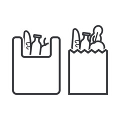 Isolated bundle outline icon set of plastic and paper shopping bags filled with groceries, representing retail items, market purchases, and consumer goods.