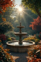 Tranquil garden fountain bathed in golden morning sunlight surrounded by autumn foliage