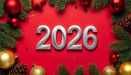 Silver “2026” numerals with festive Christmas decorations on vibrant red background.