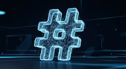 Glowing blue digital hashtag symbol made of particles and light, representing social media, trending topic, or internet connectivity in a futuristic dark environment