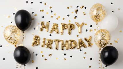 Happy birthday balloon letters with black and gold balloons and confetti