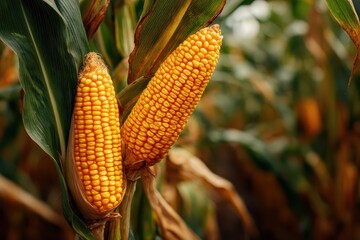 Obraz premium Fresh yellow corn growing on the stalk in a sunny agricultural field surrounded by lush green leaves