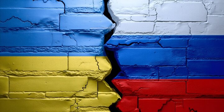 Ukraine russia flag painted brick wall cracking showing conflict