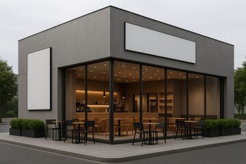 Modern coffee shop exterior with large blank signage and poster mock up for branding and advertising on urban street corner during overcast day. Ai generative