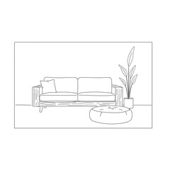 Modern living room line art vector illustration. Features a sofa, a plant, and a pouf/ottoman. Simple, scandinavian-style interior design sketch