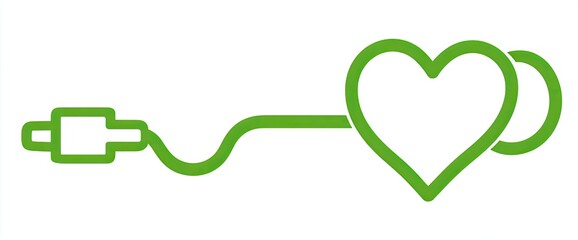 A green heart icon connected to a plug on a white background, representing connection and love