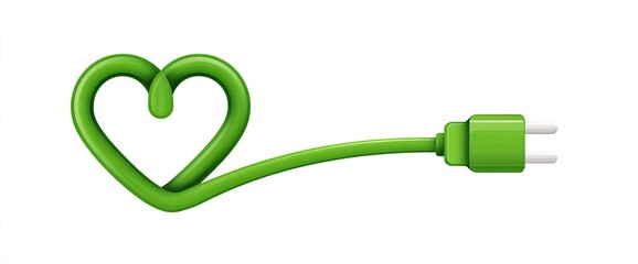 A green heart-shaped cable with a plug, symbolizing eco-friendly energy and a commitment to a green environment