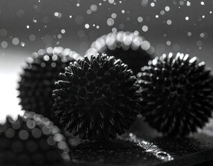 Black & white macro shot of multiple spiky spherical objects