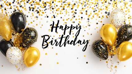 Happy birthday balloon letters with black and gold balloons and confetti