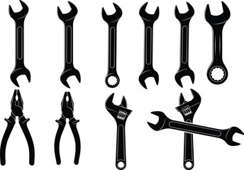 Set of black silhouette tools including wrenches, spanners, and pliers, vector illustration for repair and mechanic service